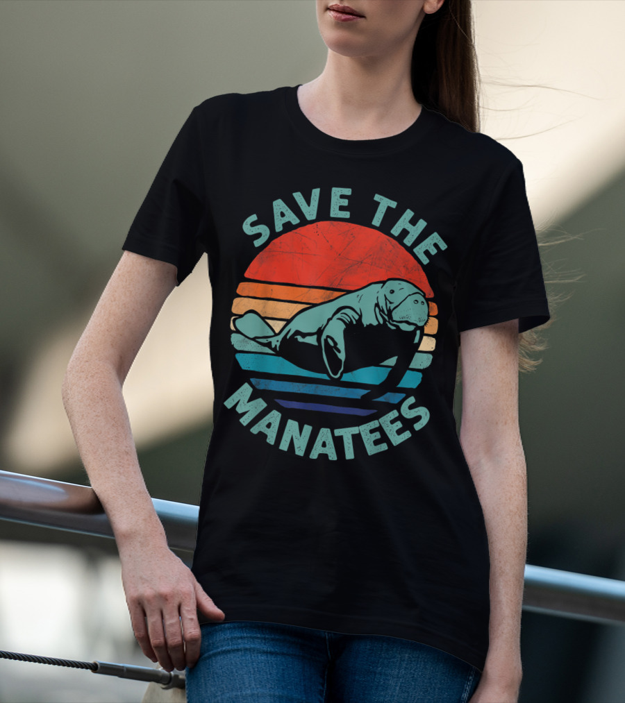 Save The Manatees Retro Stripes Sunset T-Shirt