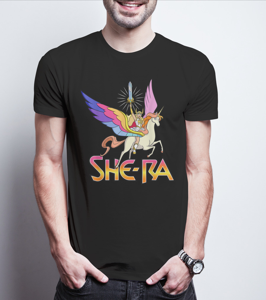 She Ra Riding A Winged Unicorn Holding Sword Of Protection T-Shirt