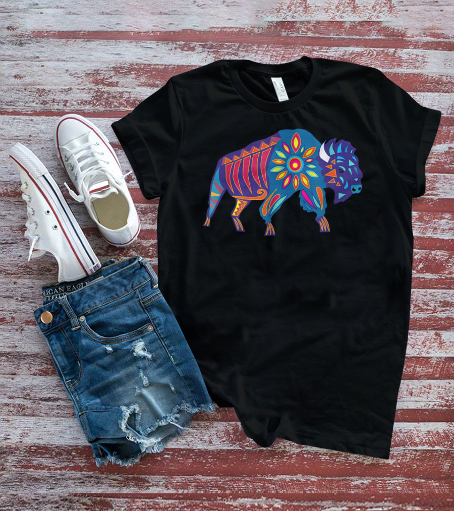 Vibrant Sunflower Buffalo In Colorful Geometric T-Shirt