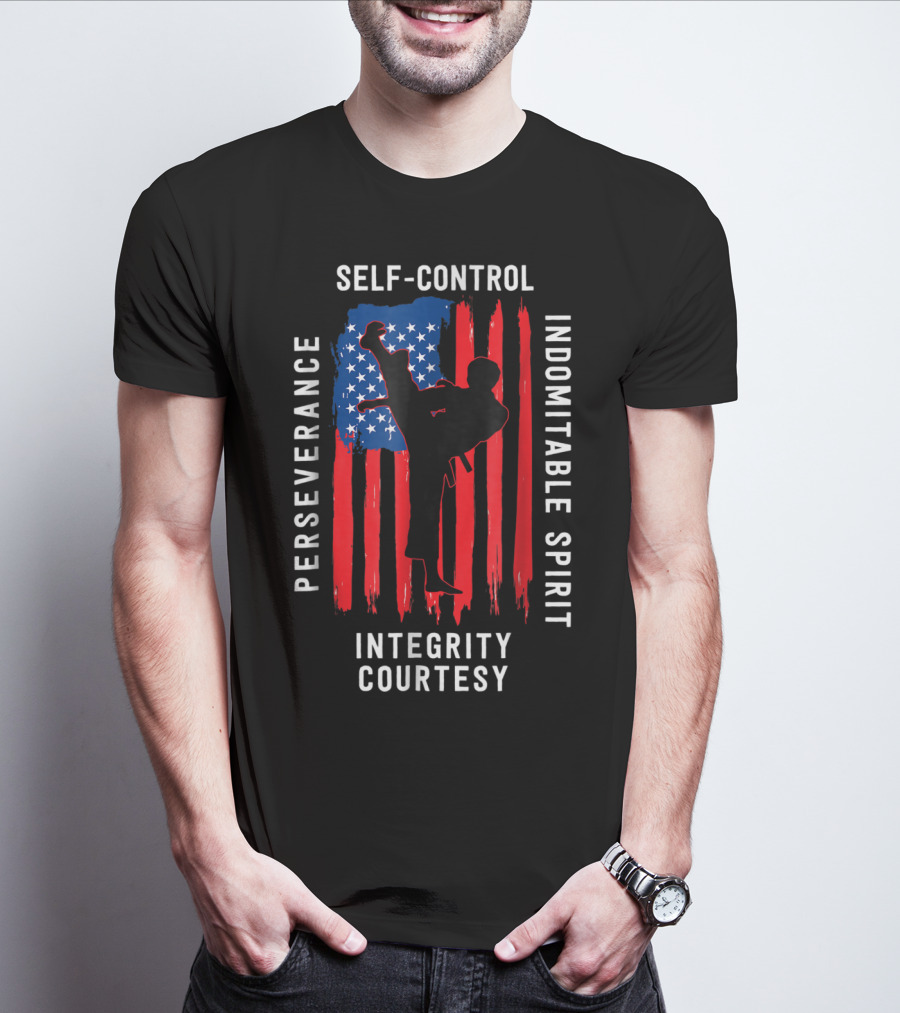 Taekwondo USA Flag Perseverance Courtesy Integrity Self-Control Indomitable Spirit T-Shirt