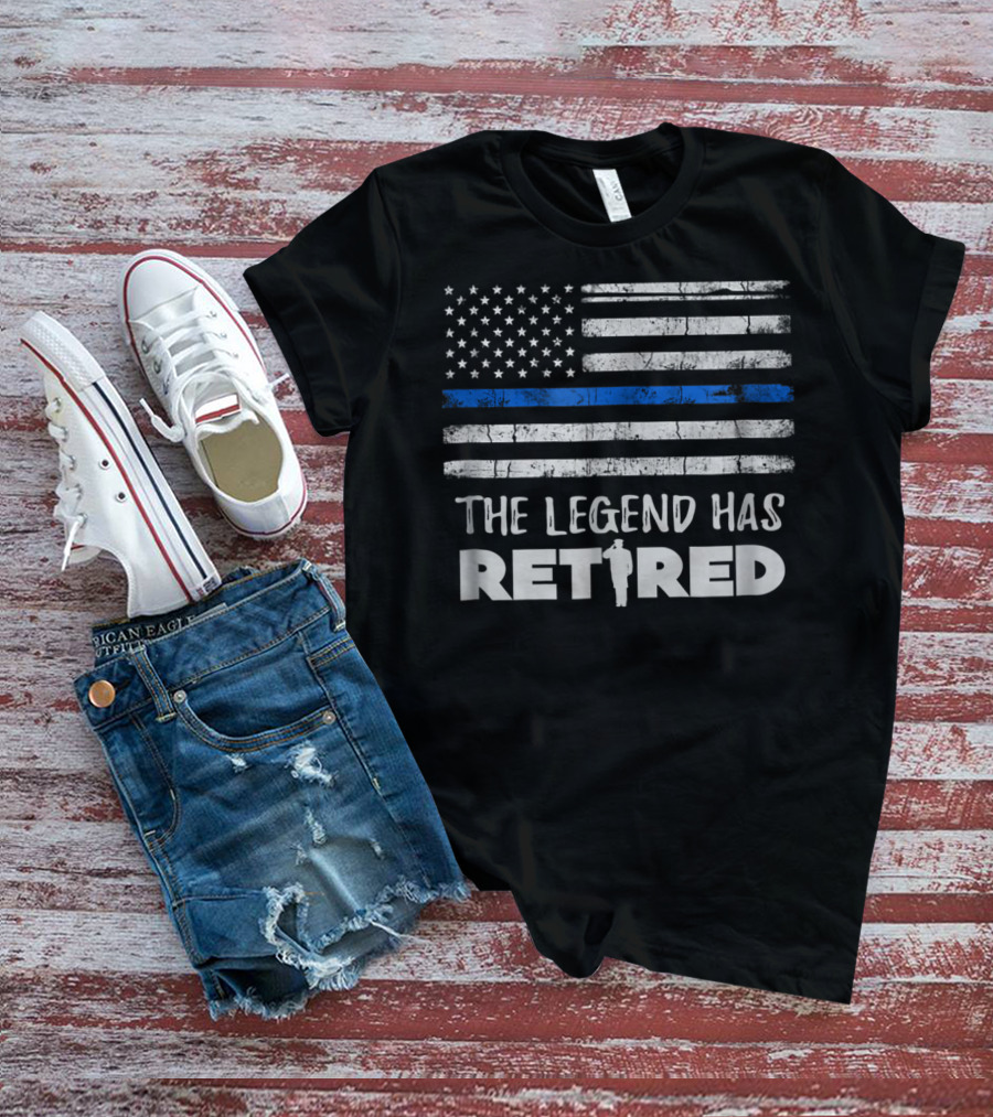 The Legend Has Retired Police Officer Thin Blue Line American Flag T-Shirt