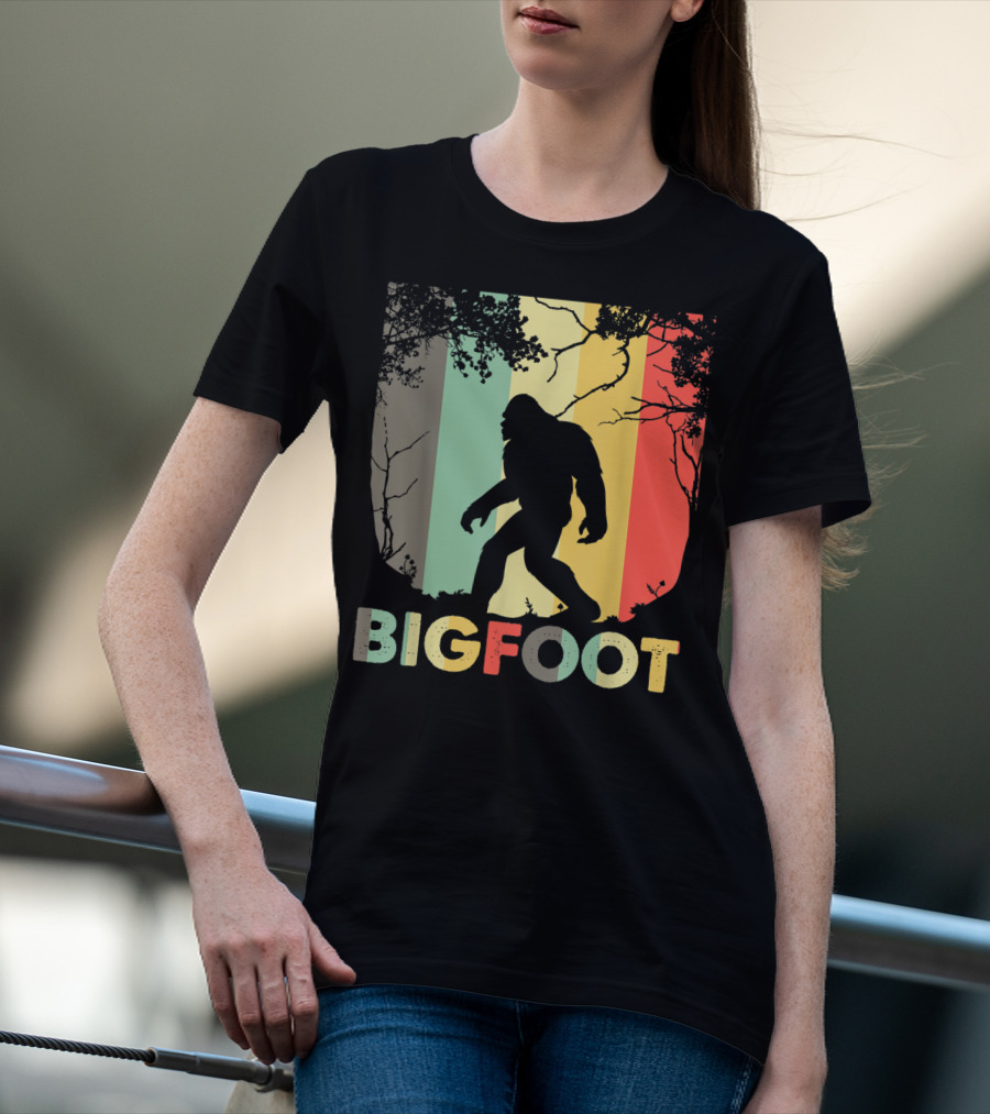 Bigfoot Silhouette Retro Forest Stripes T-Shirt