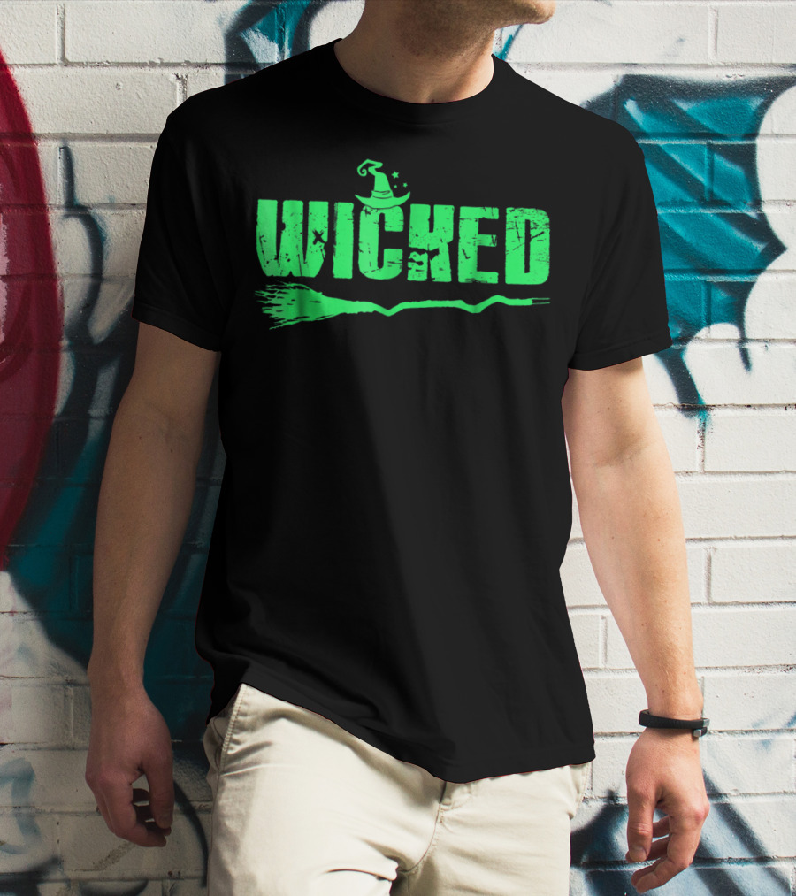 Wicked Green Witch Hat Broomstick Halloween Magic T-Shirt