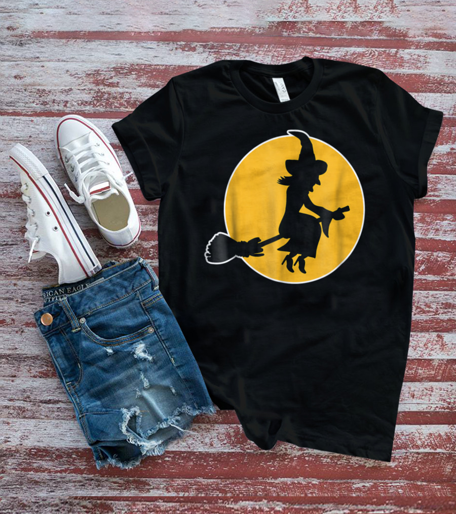 Witch Silhouette Flying Over Yellow Moon T-Shirt