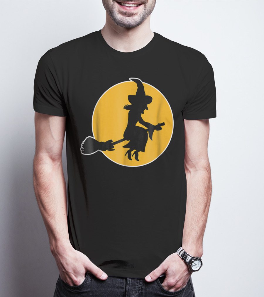 Witch Silhouette Flying Over Yellow Moon T-Shirt