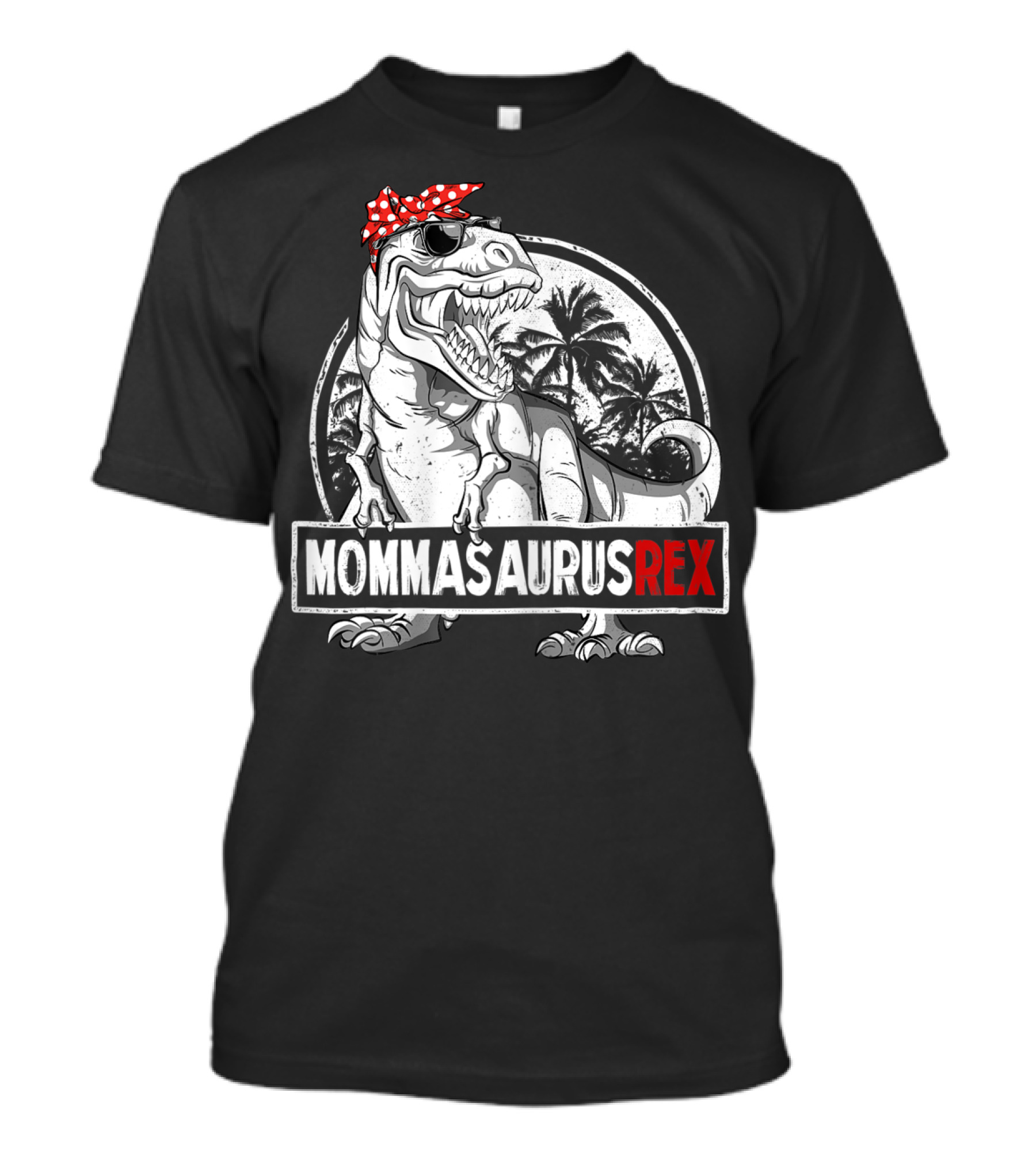 Mommasaurus Rex Dinosaur With Red Bandana And Palm Trees T-Shirt