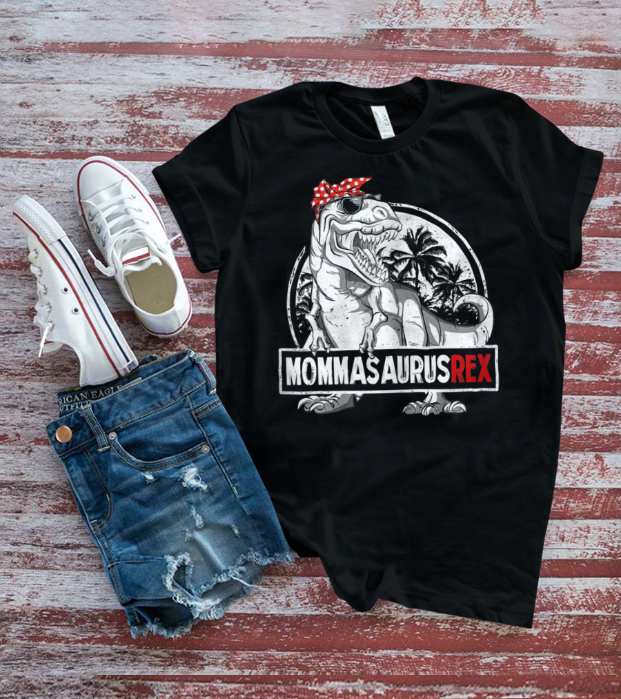 Mommasaurus Rex Dinosaur With Red Bandana And Palm Trees T-Shirt