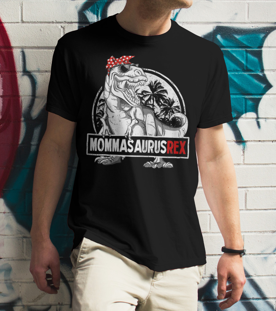 Mommasaurus Rex Dinosaur With Red Bandana And Palm Trees T-Shirt
