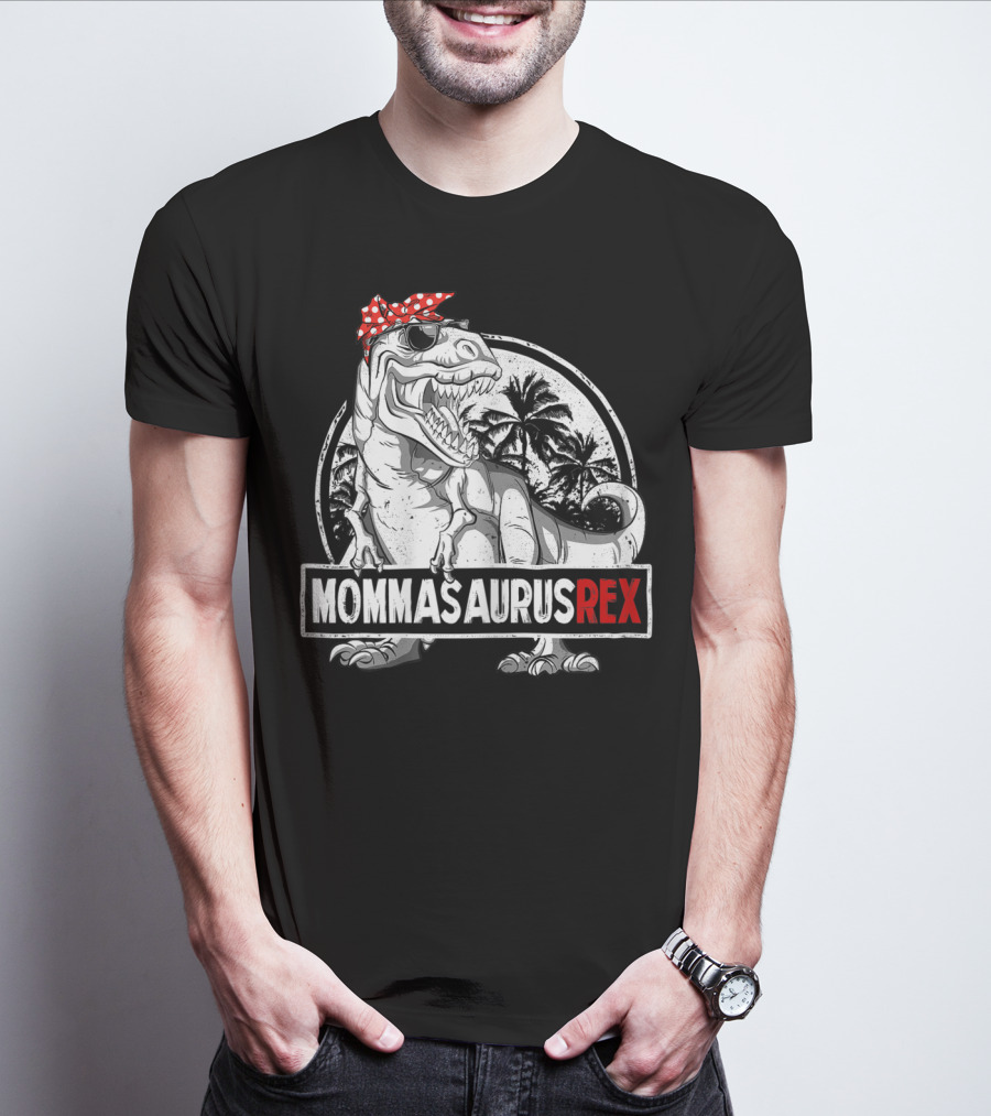 Mommasaurus Rex Dinosaur With Red Bandana And Palm Trees T-Shirt