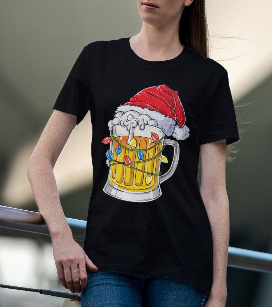 Beer Santa Hat Christmas Lights Holiday Cheer T-Shirt