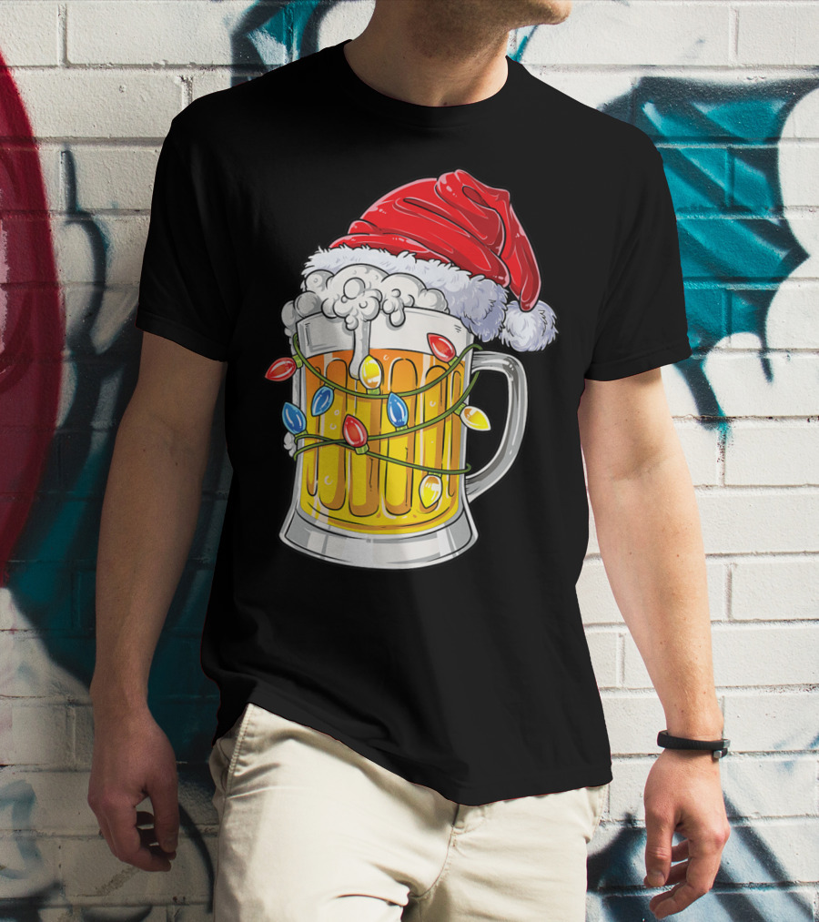 Beer Santa Hat Christmas Lights Holiday Cheer T-Shirt
