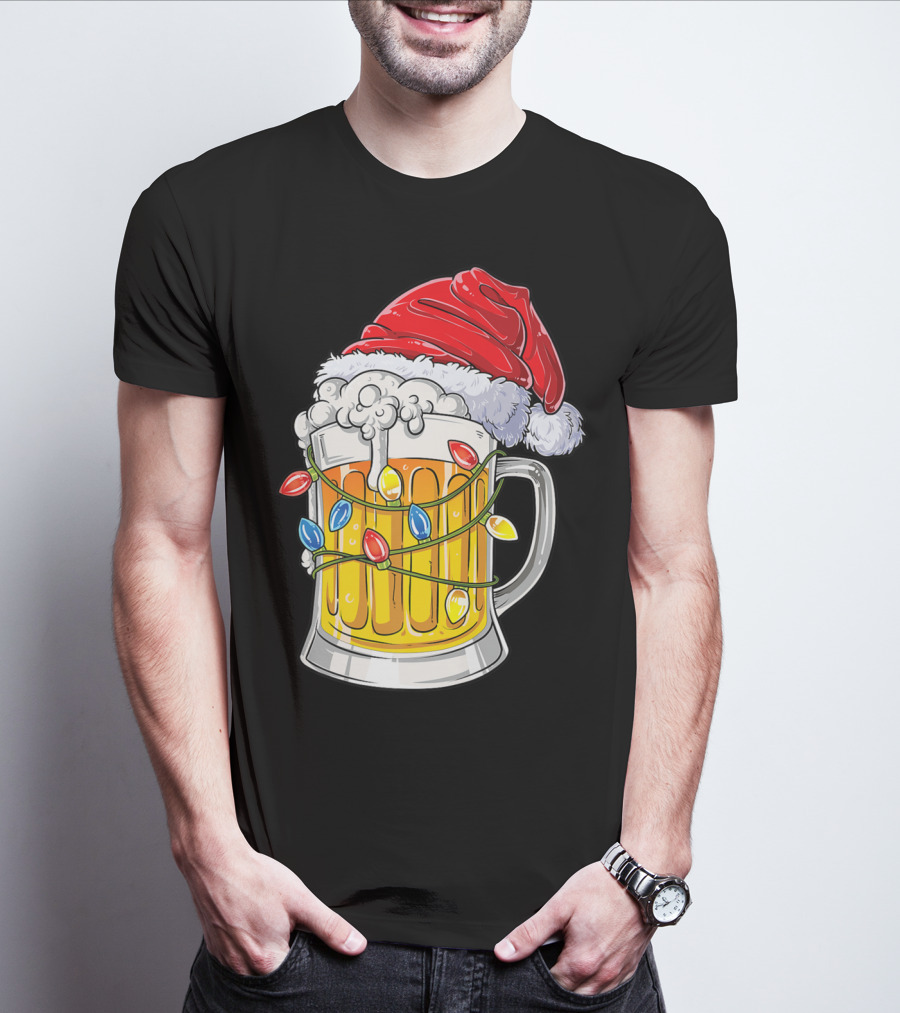 Beer Santa Hat Christmas Lights Holiday Cheer T-Shirt