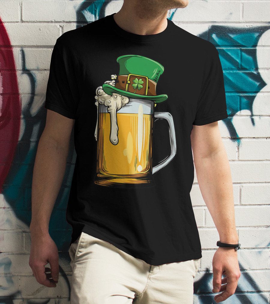 Leprechaun Hat Overflowing Beer Mug With Shamrock Foam T-Shirt