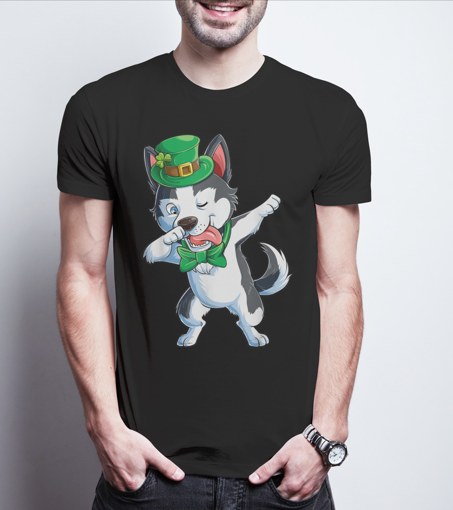 St. Patrick's Day Dabbing Siberian Husky With Green Hat And Bow Tie T-Shirt