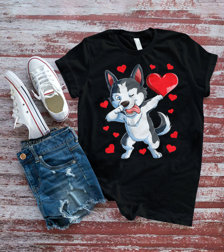 Dabbing Siberian Husky Holding Heart Surrounded By Red Valentine Hearts T-Shirt