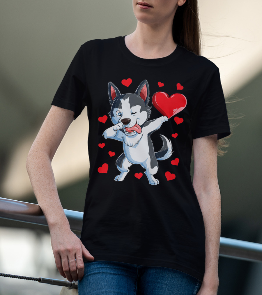 Dabbing Siberian Husky Holding Heart Surrounded By Red Valentine Hearts T-Shirt