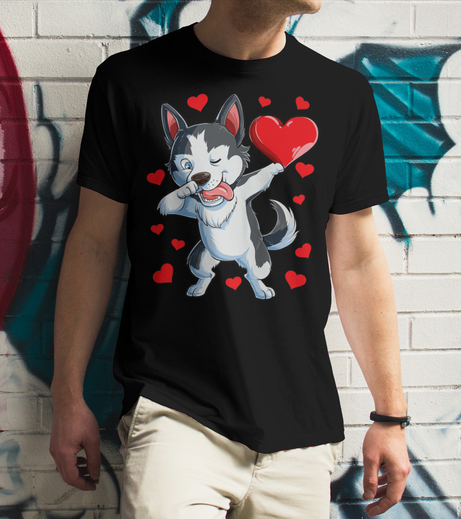 Dabbing Siberian Husky Holding Heart Surrounded By Red Valentine Hearts T-Shirt