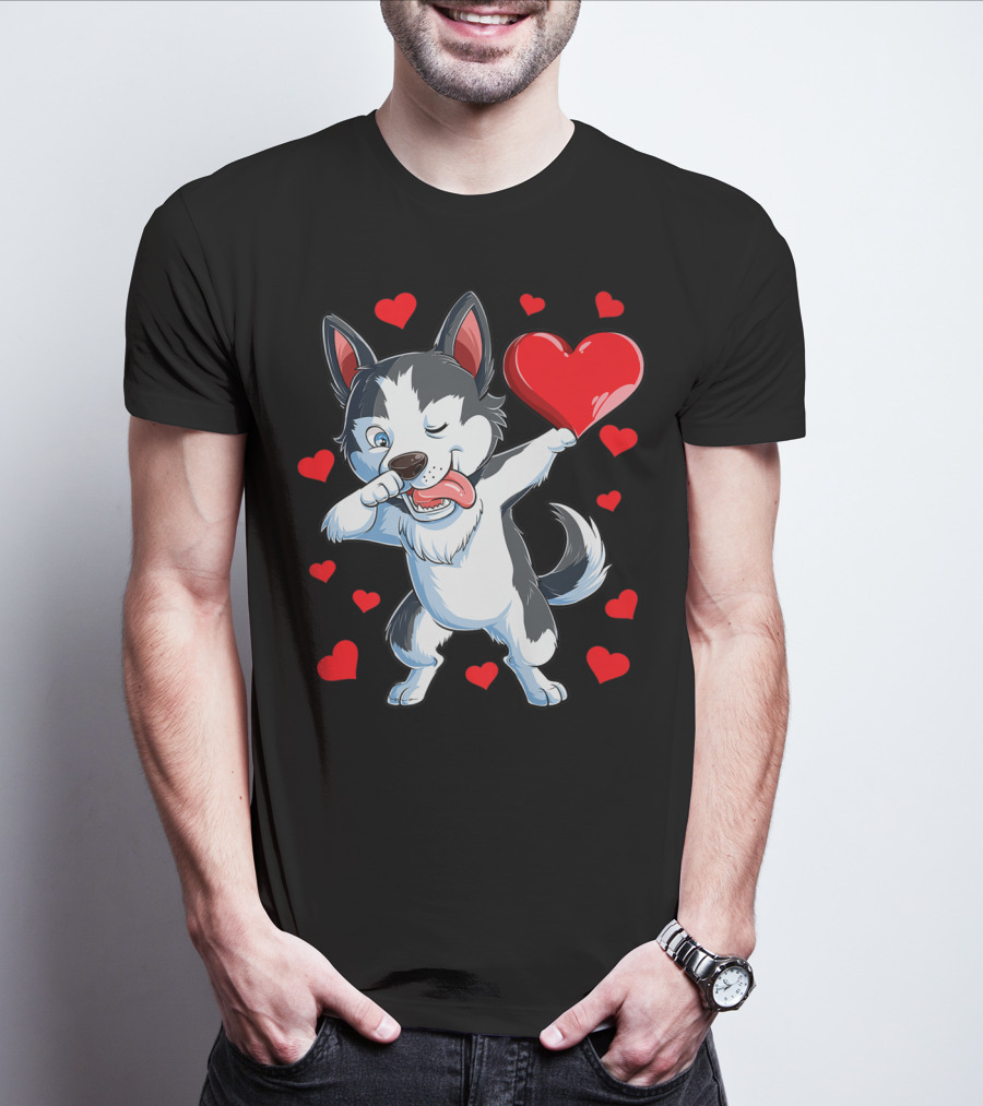 Dabbing Siberian Husky Holding Heart Surrounded By Red Valentine Hearts T-Shirt
