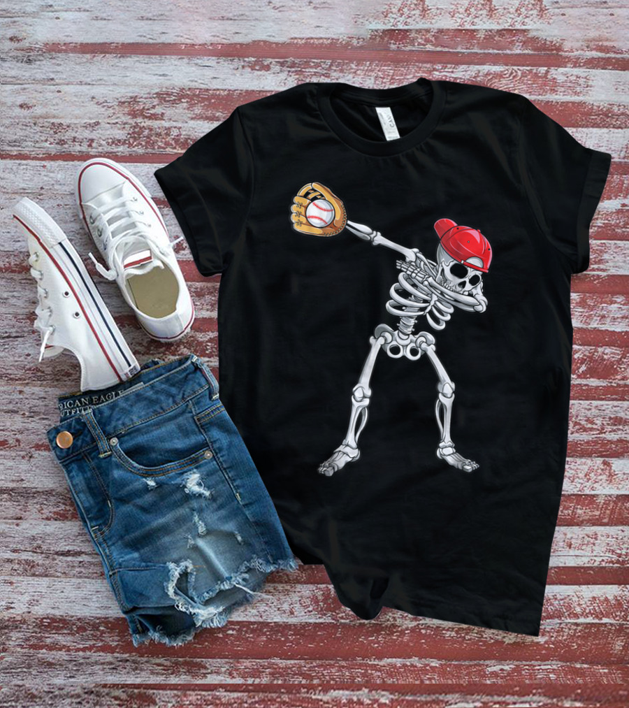 Dabbing Skeleton With Baseball Glove And Cap T-Shirt