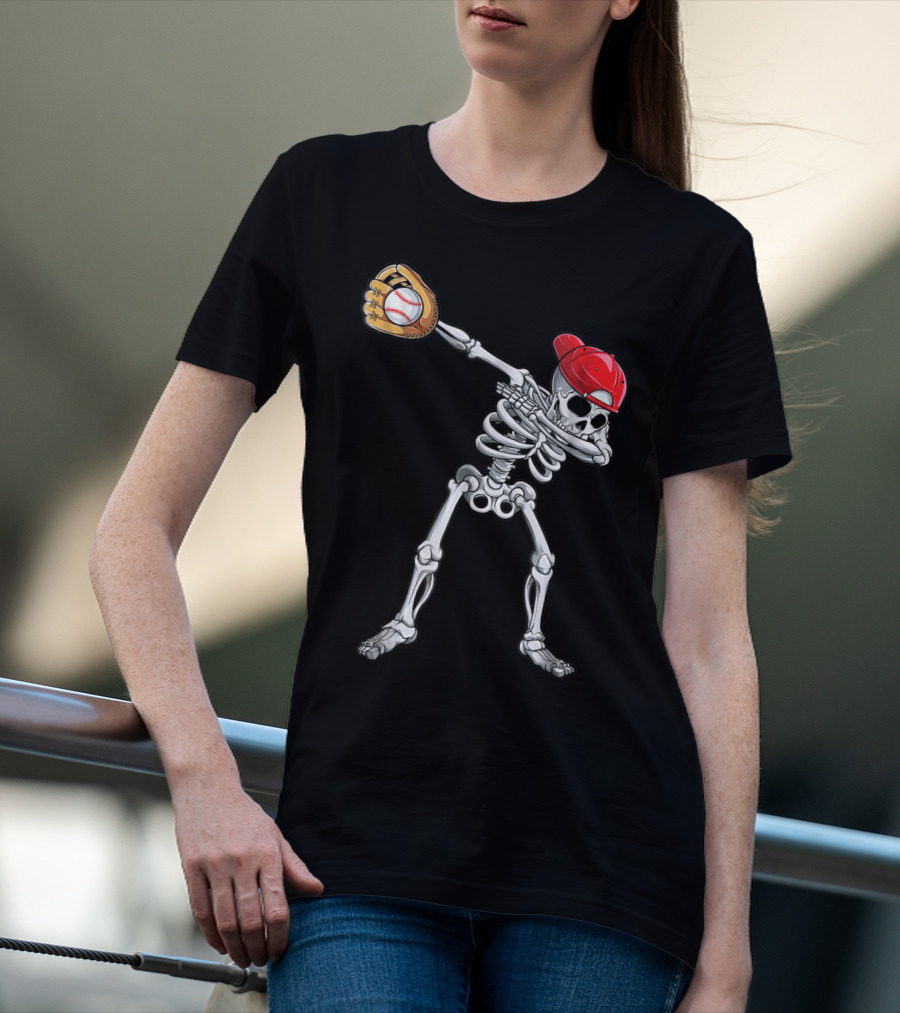 Dabbing Skeleton With Baseball Glove And Cap T-Shirt