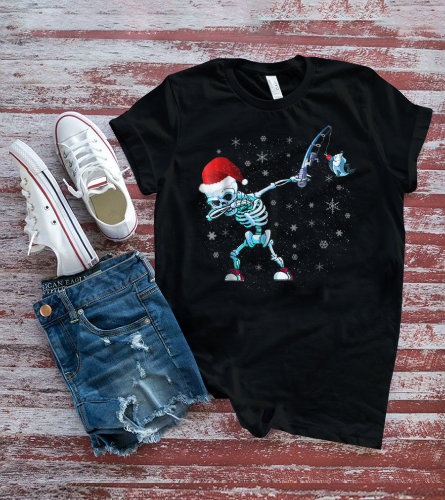 Santa Skeleton Dabbing With Fishing Rod And Shark T-Shirt
