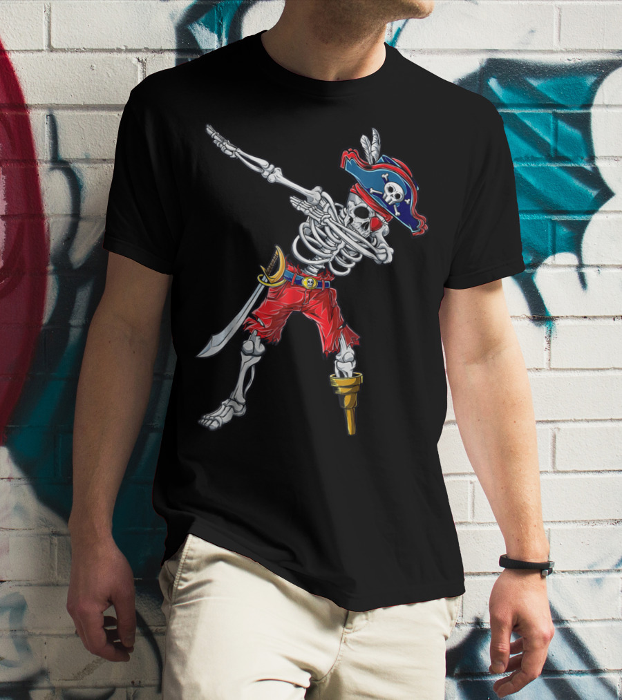 Skeleton Pirate Dabbing In Red Pants And Tricorn Hat With Sword T-Shirt