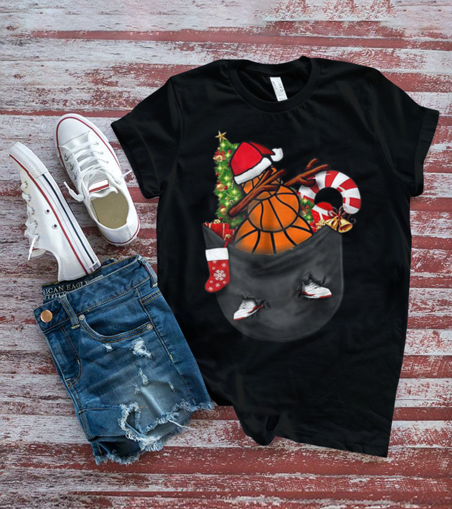 Christmas Dabbing Basketball Snowman In Pocket With Candy Cane And Santa Hat T-Shirt