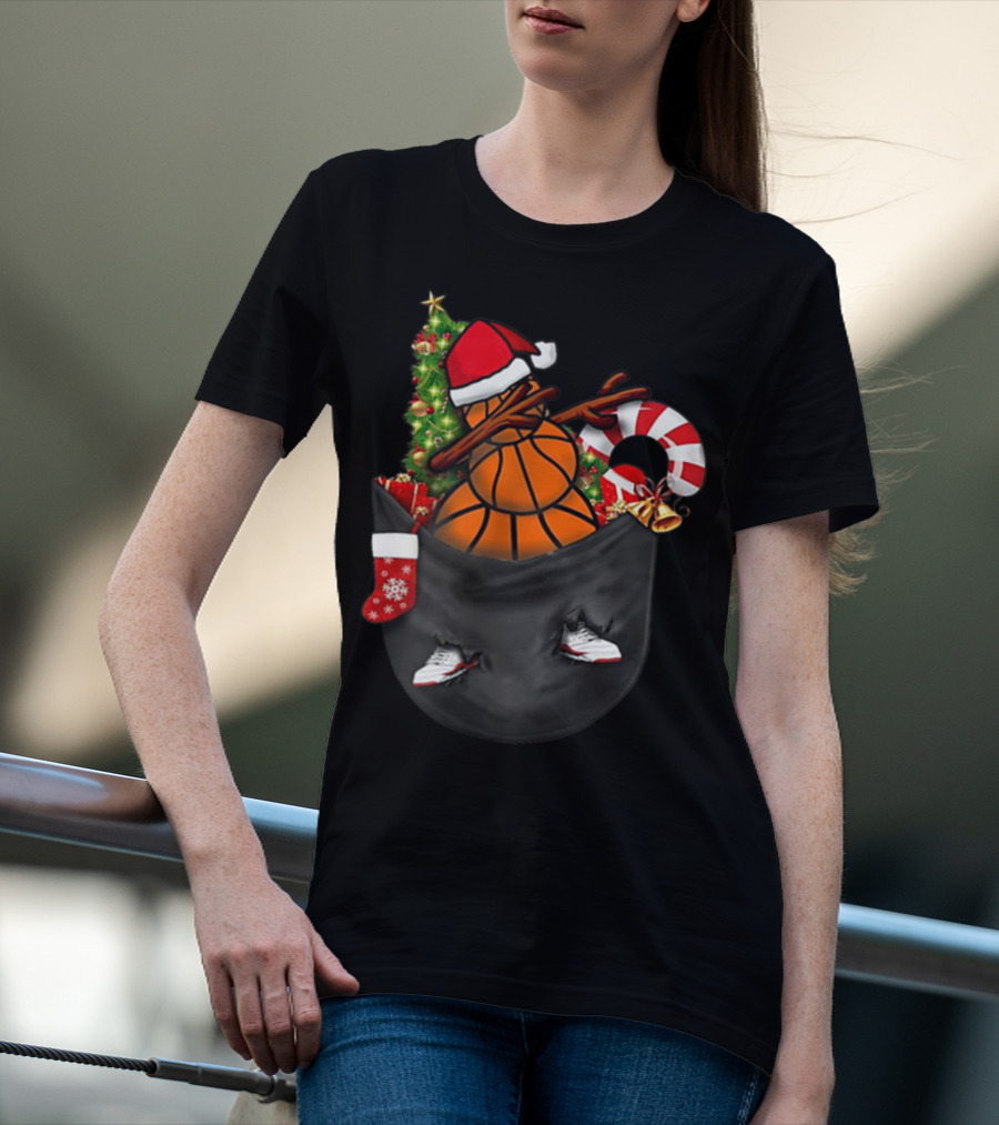 Christmas Dabbing Basketball Snowman In Pocket With Candy Cane And Santa Hat T-Shirt
