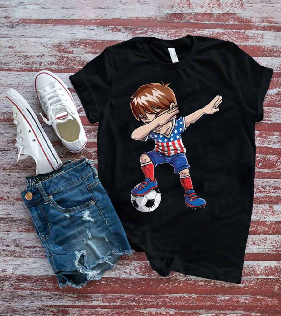 Dabbing Boy With Soccer Ball In American Flag Jersey T-Shirt