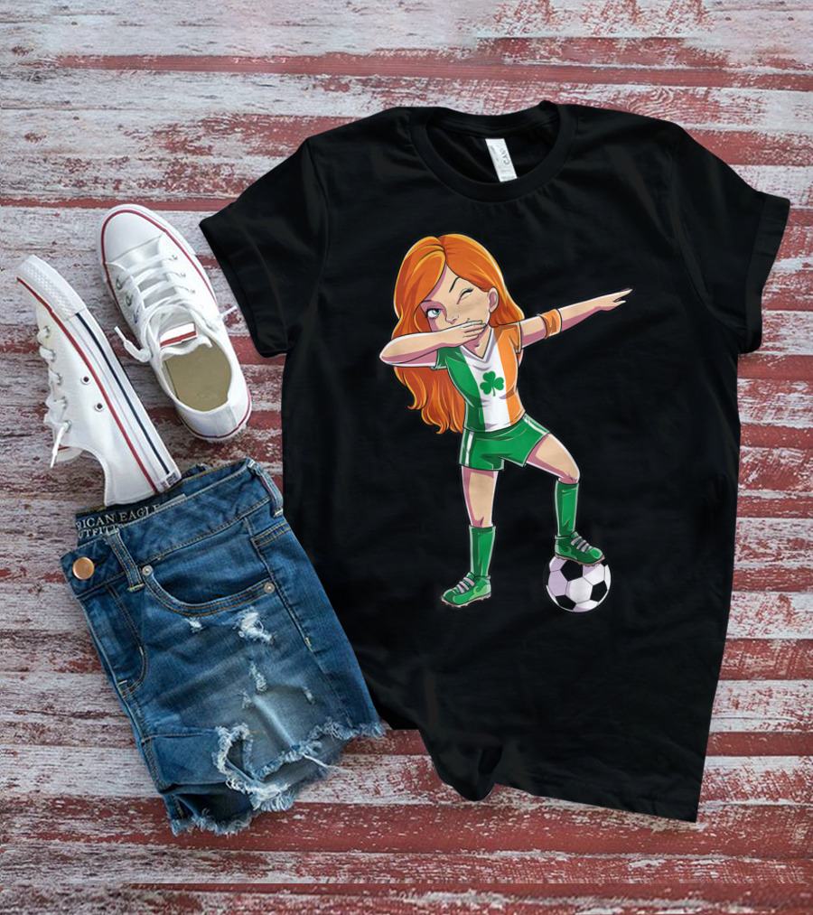 Dabbing Irish Soccer Girl With Shamrock Jersey And Football T-Shirt