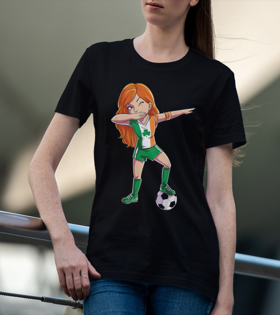 Dabbing Irish Soccer Girl With Shamrock Jersey And Football T-Shirt