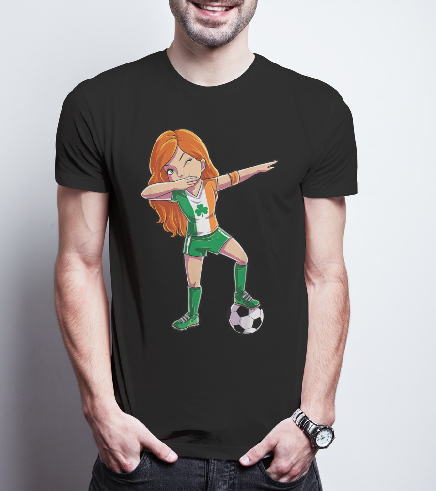 Dabbing Irish Soccer Girl With Shamrock Jersey And Football T-Shirt