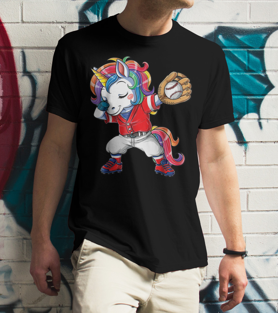 Dabbing Unicorn In Rainbow Baseball Outfit Holding Ball T-Shirt