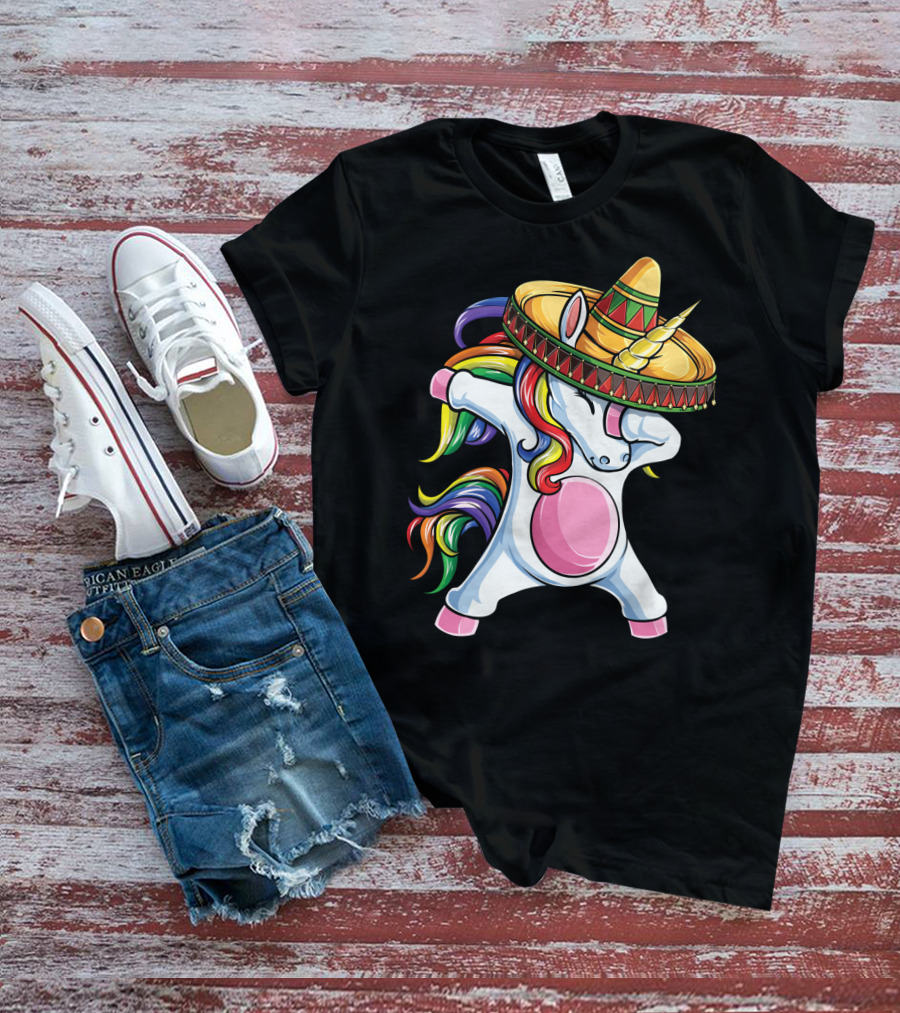 Dabbing Unicorn Rainbow Sombrero Cinco De Mayo T-Shirt