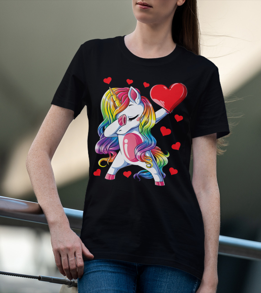 Valentine's Day Rainbow Dabbing Unicorn With Heart And Hearts T-Shirt