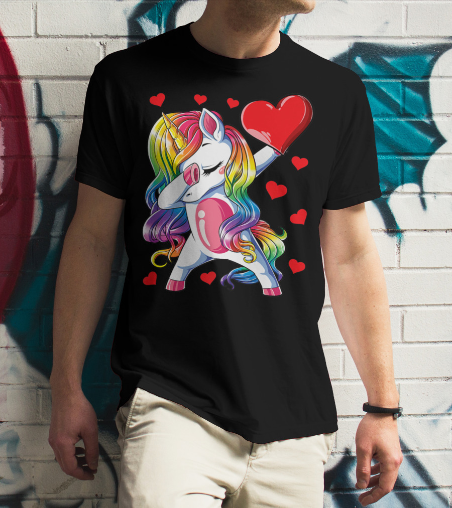Valentine's Day Rainbow Dabbing Unicorn With Heart And Hearts T-Shirt