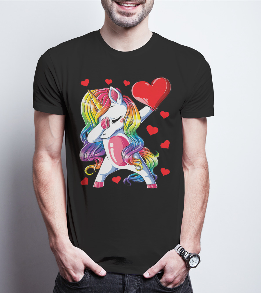 Valentine's Day Rainbow Dabbing Unicorn With Heart And Hearts T-Shirt