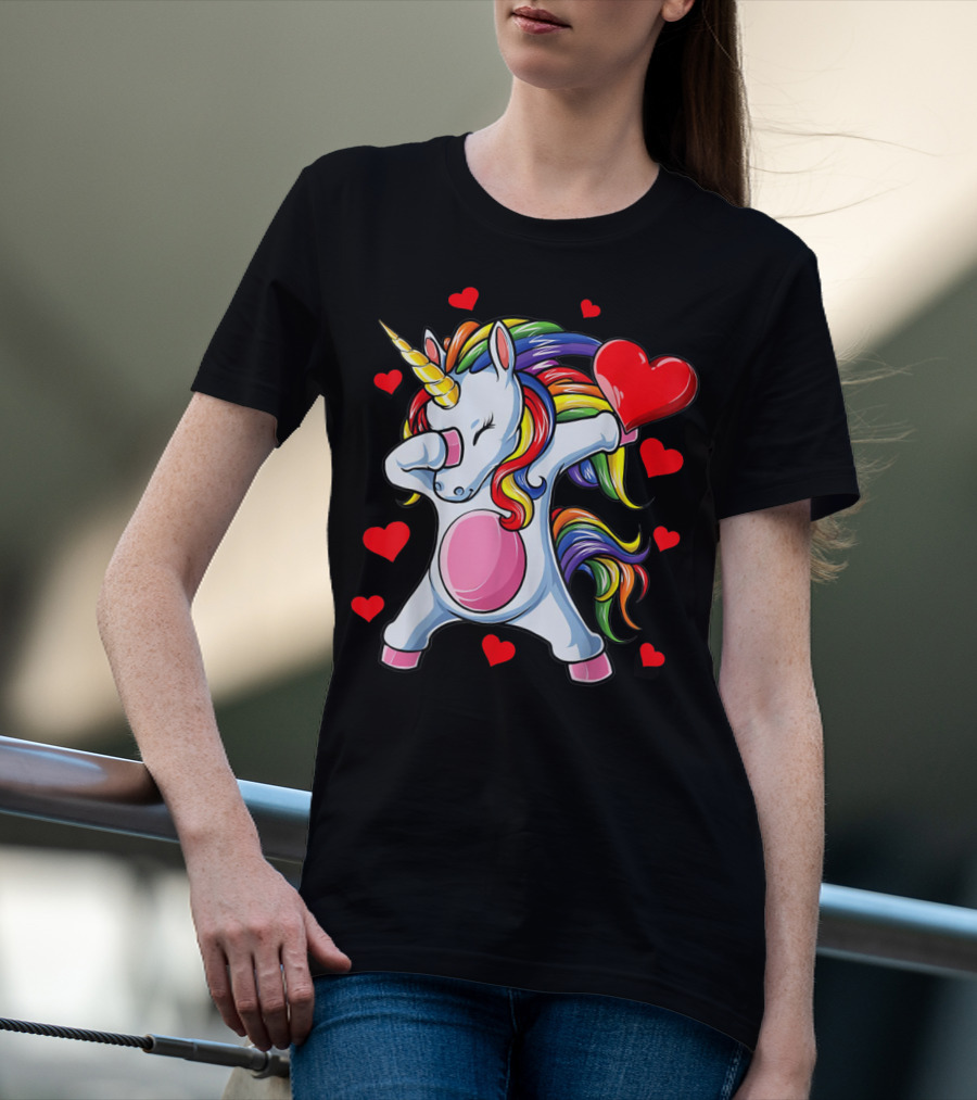 Valentines Day Dabbing Unicorn With Heart Girls T-Shirt