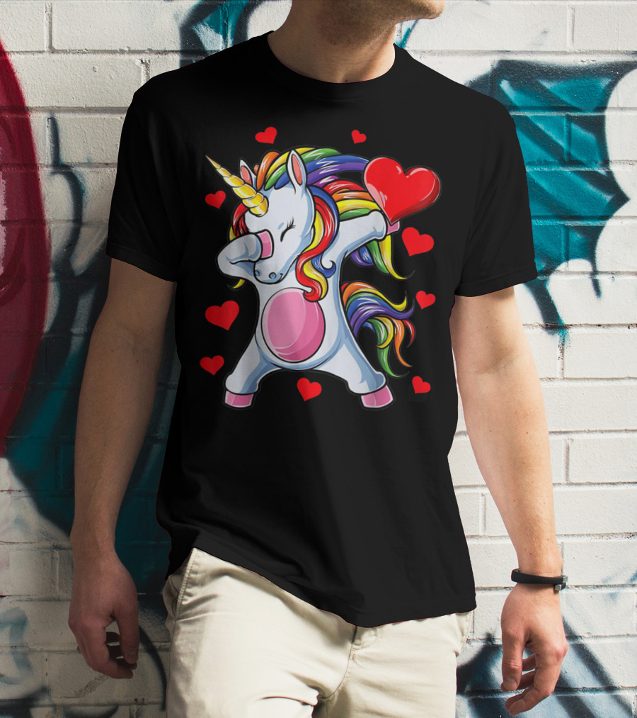Valentines Day Dabbing Unicorn With Heart Girls T-Shirt