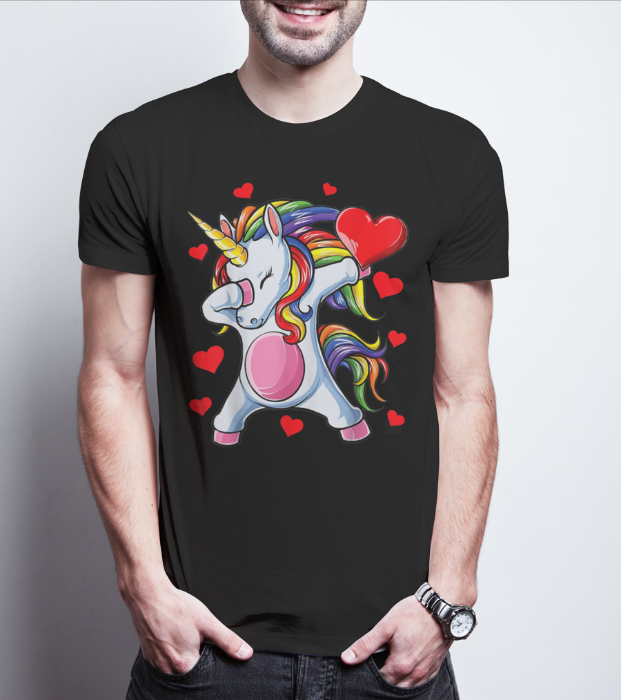 Valentines Day Dabbing Unicorn With Heart Girls T-Shirt