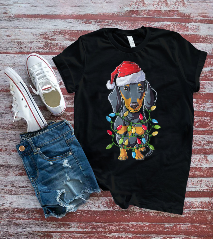Dachshund Dog In Santa Hat With Christmas Tree Lights T-Shirt