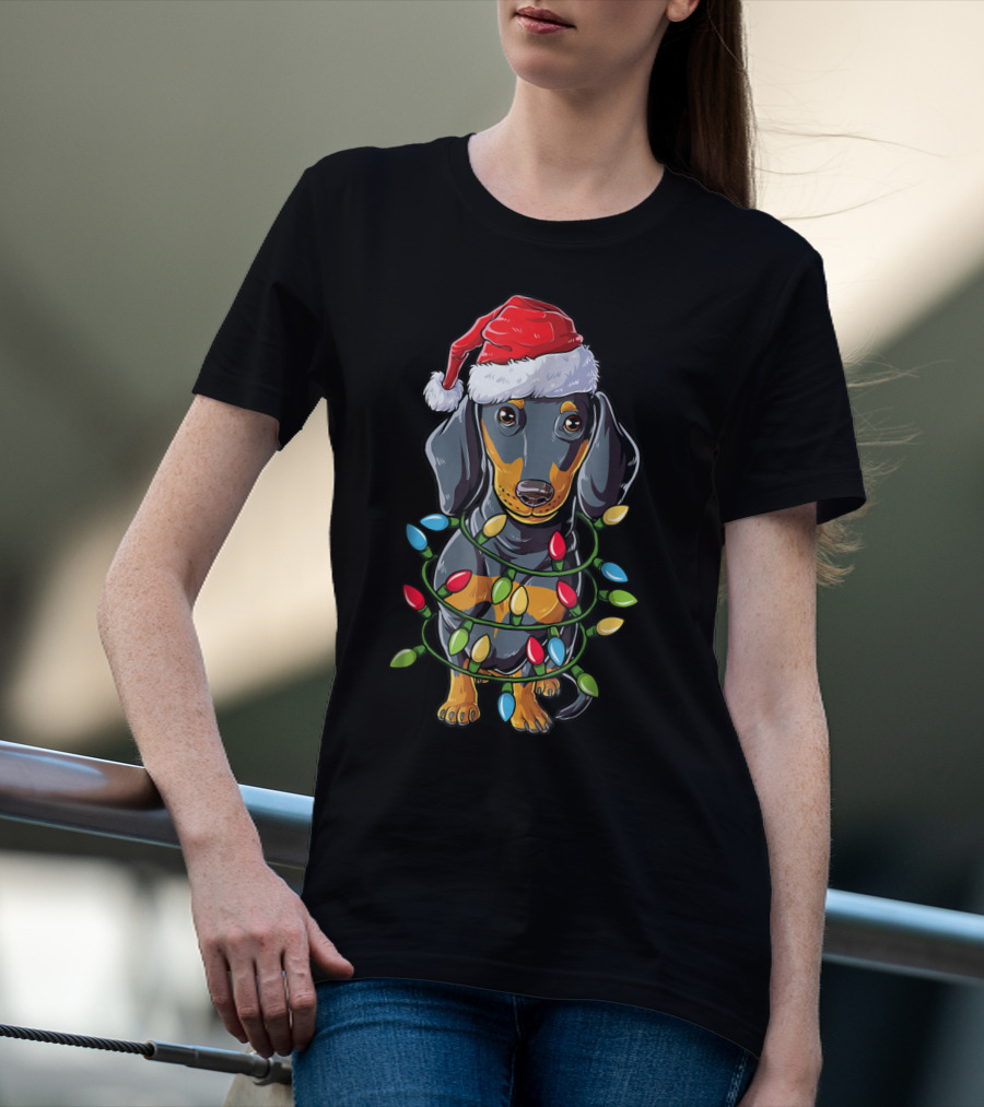 Dachshund Dog In Santa Hat With Christmas Tree Lights T-Shirt