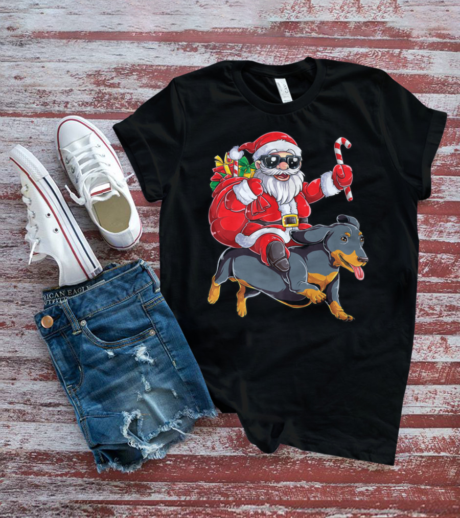 Santa Claus Riding Dachshund With Candy Cane And Presents T-Shirt