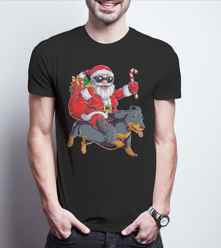 Santa Claus Riding Dachshund With Candy Cane And Presents T-Shirt