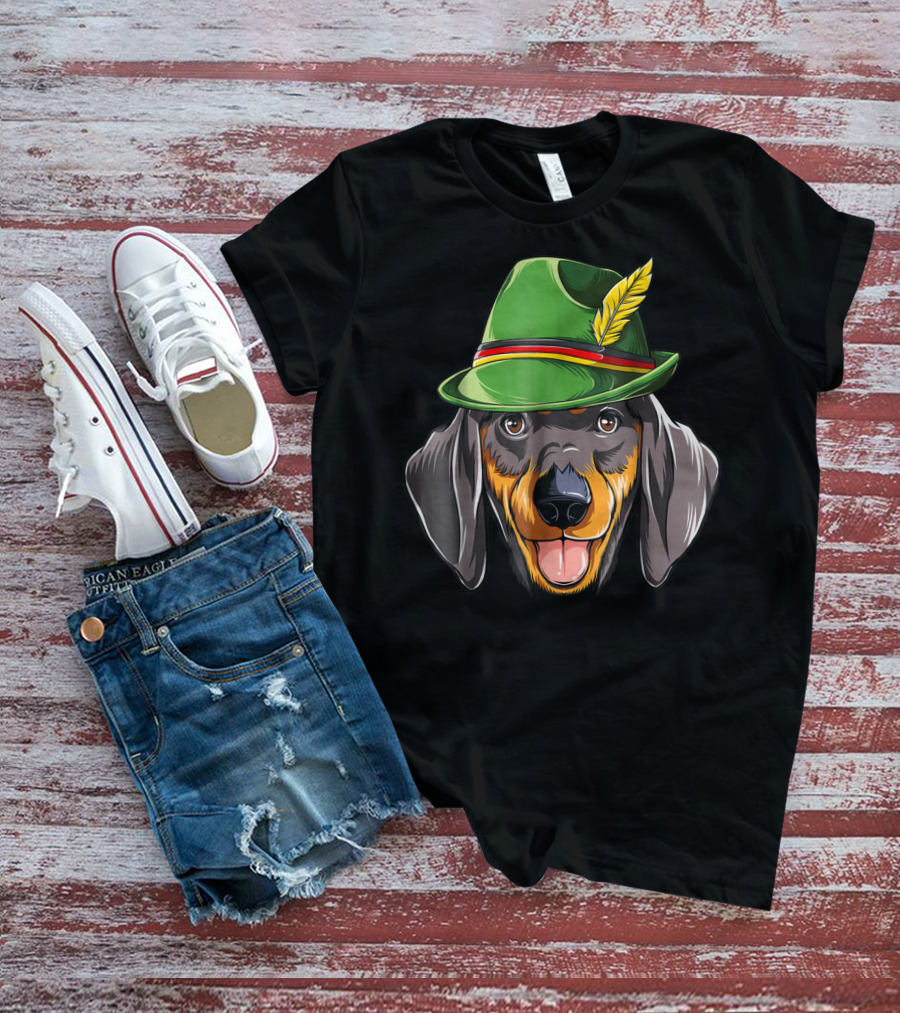 Dachshund Oktoberfest Kids Boys Lederhosen Dog In Green Hat With Feather T-Shirt