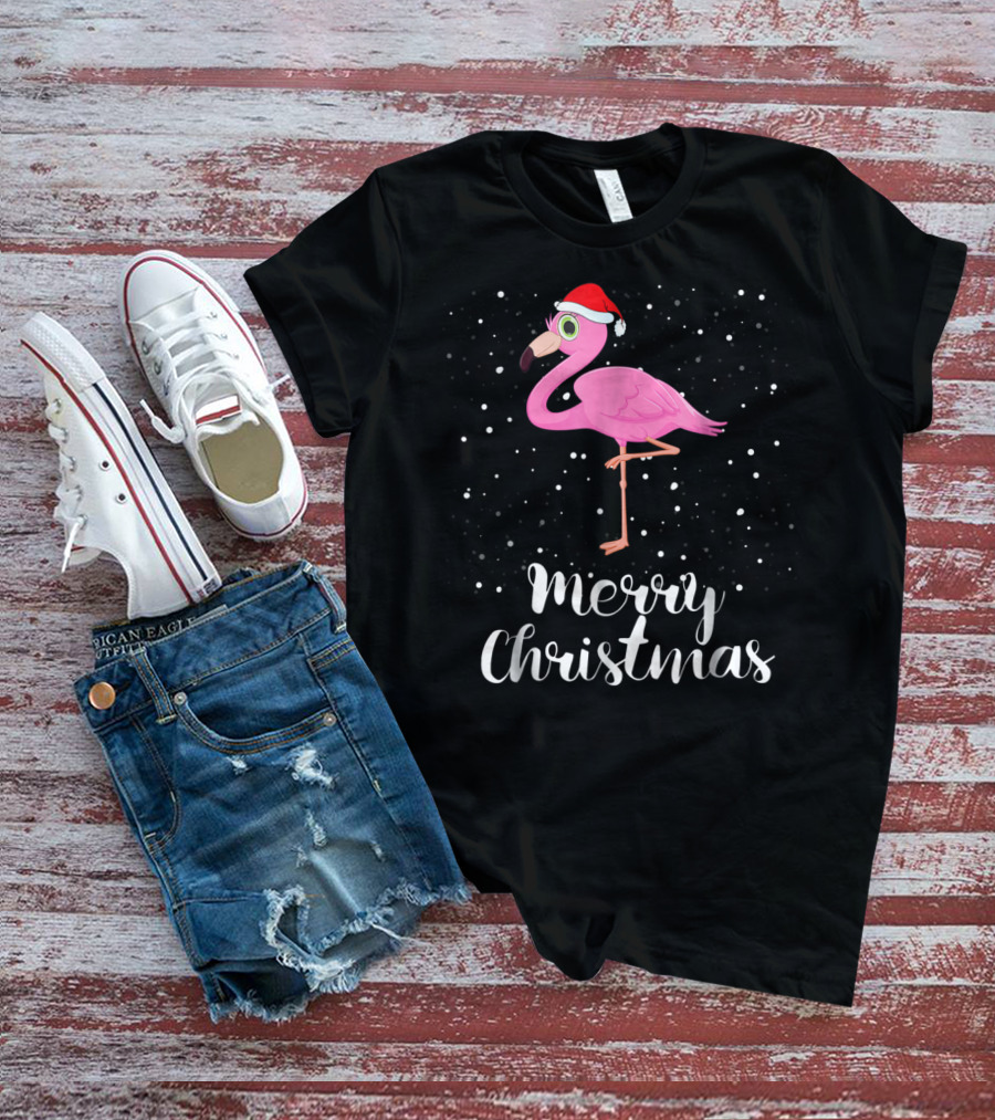 Merry Christmas Flamingo Santa Hat Family Matching Group T-Shirt