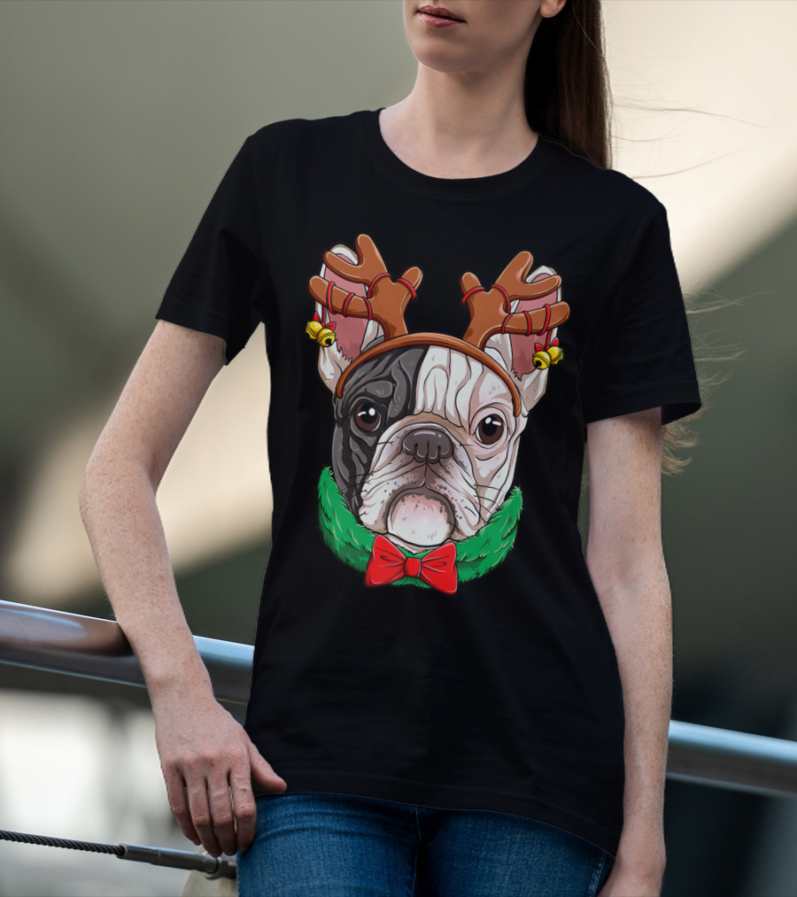 French Bulldog With Christmas Reindeer Antlers And Bow Tie T-Shirt