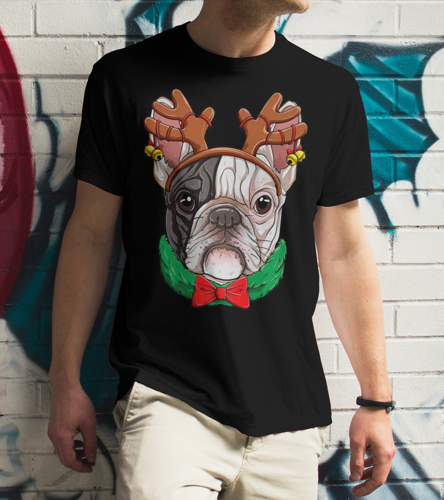 French Bulldog With Christmas Reindeer Antlers And Bow Tie T-Shirt