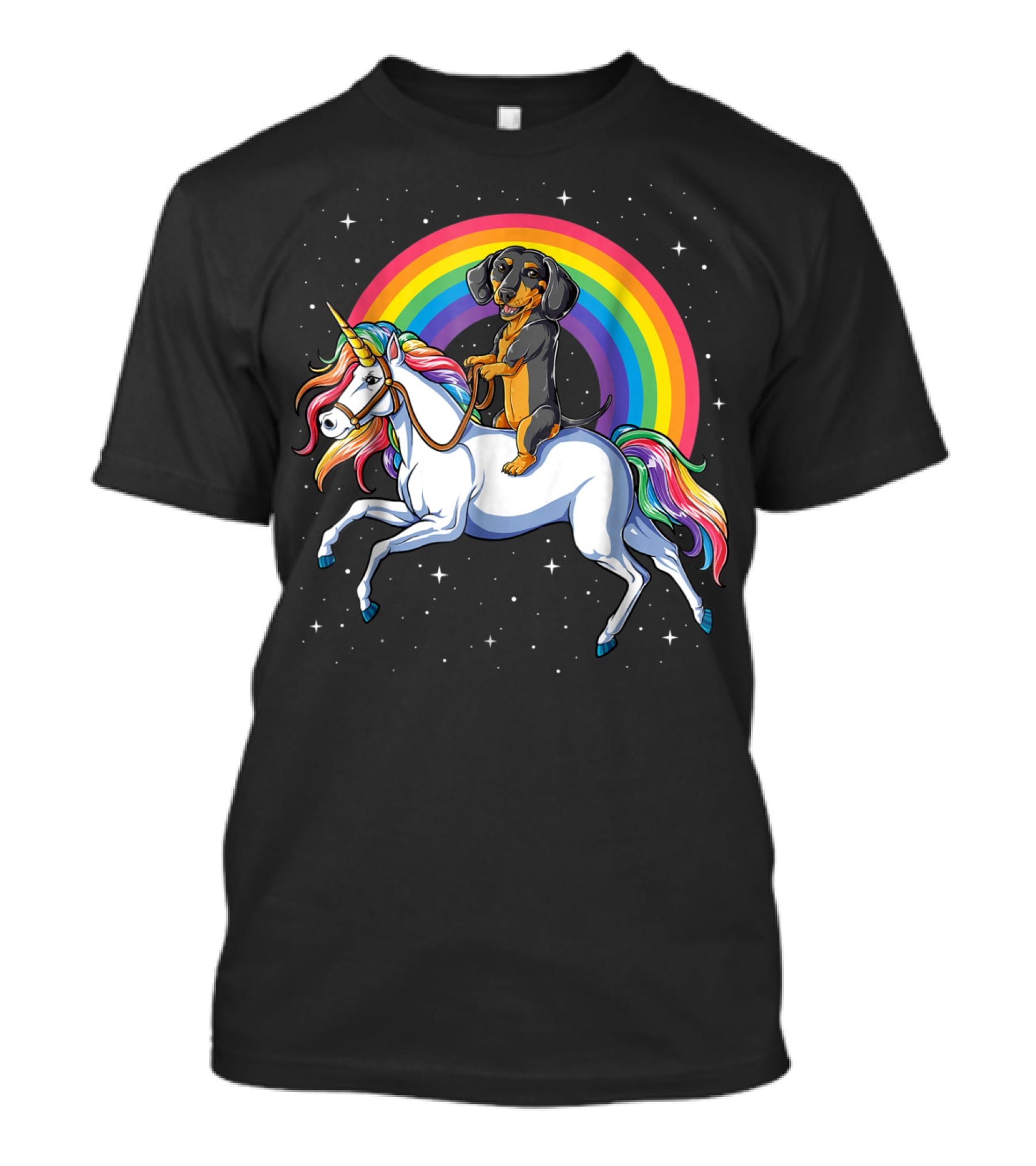 Dachshund Riding Unicorn Space Galaxy Rainbow Kids Women T-Shirt