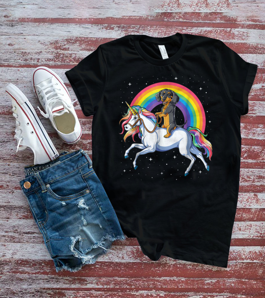 Dachshund Riding Unicorn Space Galaxy Rainbow Kids Women T-Shirt